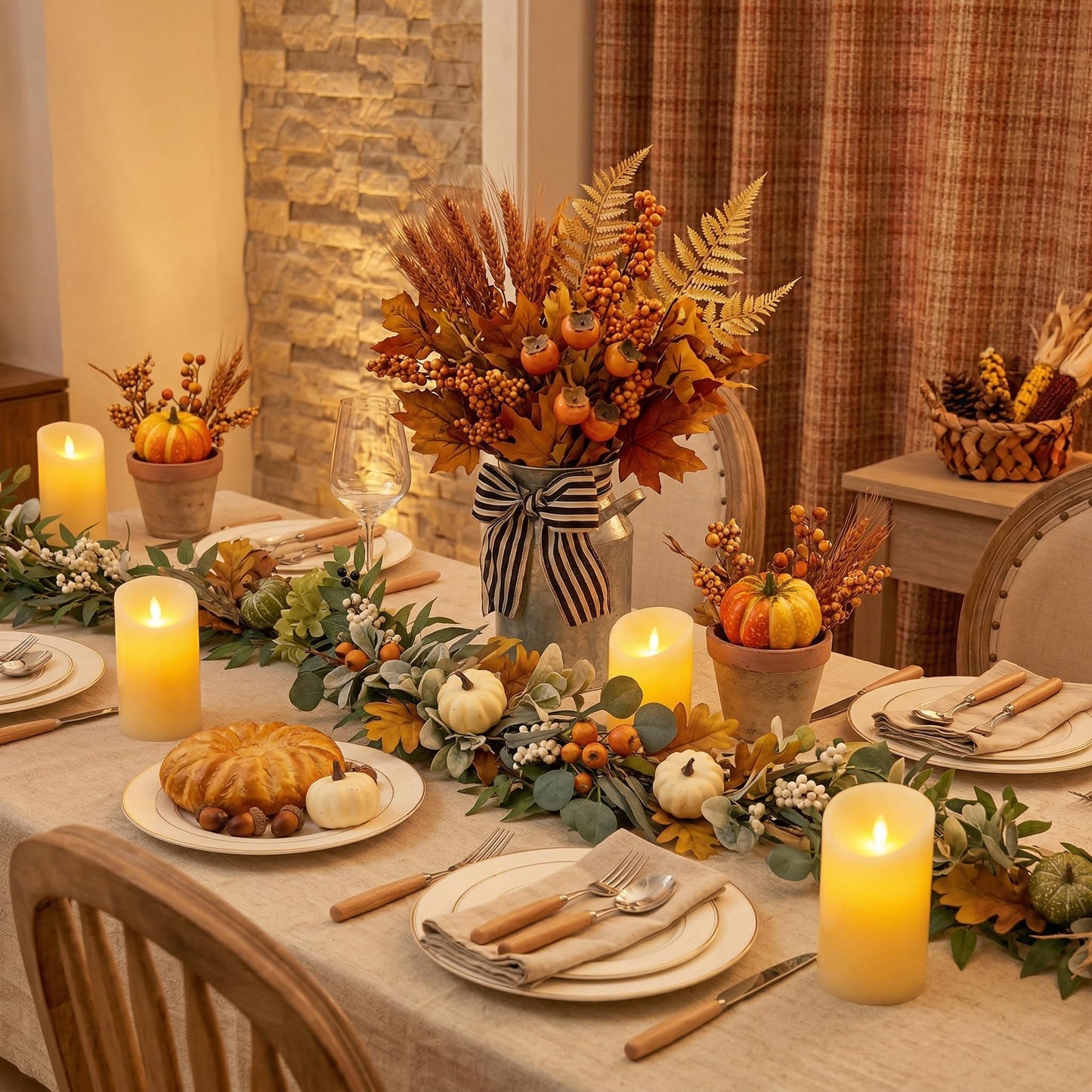 Valery Madelyn Fall Garland for Mantle, 9ft Lambs Ear Leaves Garland with Lights White Pumpkins Thanksgiving Table Centerpiece, Fall Autumn Decorations for Home Porch Fireplace Outdoor Halloween Decor