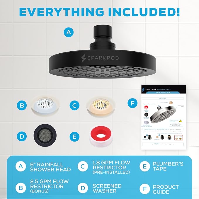SparkPod Rain Shower Head, 6 Inch Round | High Pressure Shower Heads, 90 Nozzle (Touch-to-Clean), Adjustable Showerhead, No-tool Universal Connection