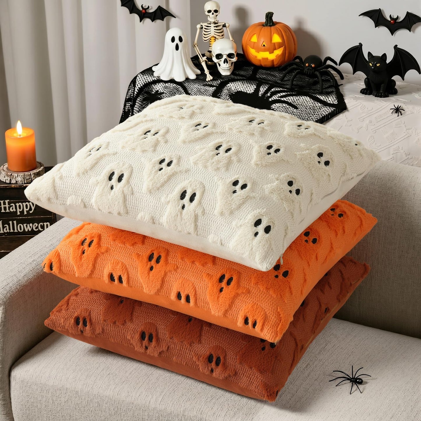 decorUhome Fall Halloween Ghost Pillow Covers 18x18 Inch Pack of 2 Soft Plush Faux Wool Textured Throw Pillow Covers Cute 3D Ghost Decorative Cushion Cases for Couch Sofa Bedroom Home Decor, Beige