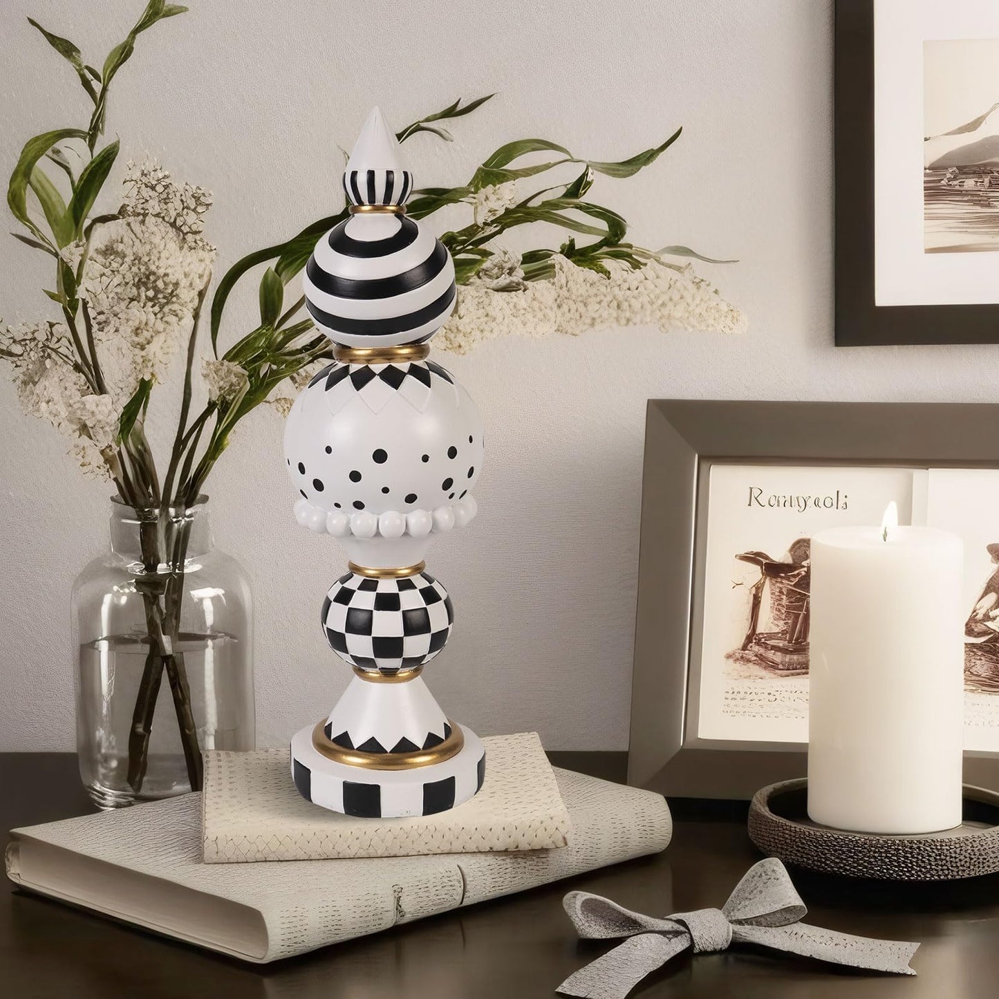 Bechivie Black and White Checkered Decor, 15 Inch Large Resin Halloween Christmas Modern Sculpture, Holiday Indoor Table Centerpiece Mantel Office Desk Shelf Season Decorations for Home