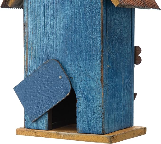 Glitzhome Hanging Bird House for Outdoor, 10.2" H Patio Garden Decorative Birdhouse Pet Cottage Distressed Wooden Bird House for Swallow Sparrow Finch Cardinals, Flower Rustic Blue