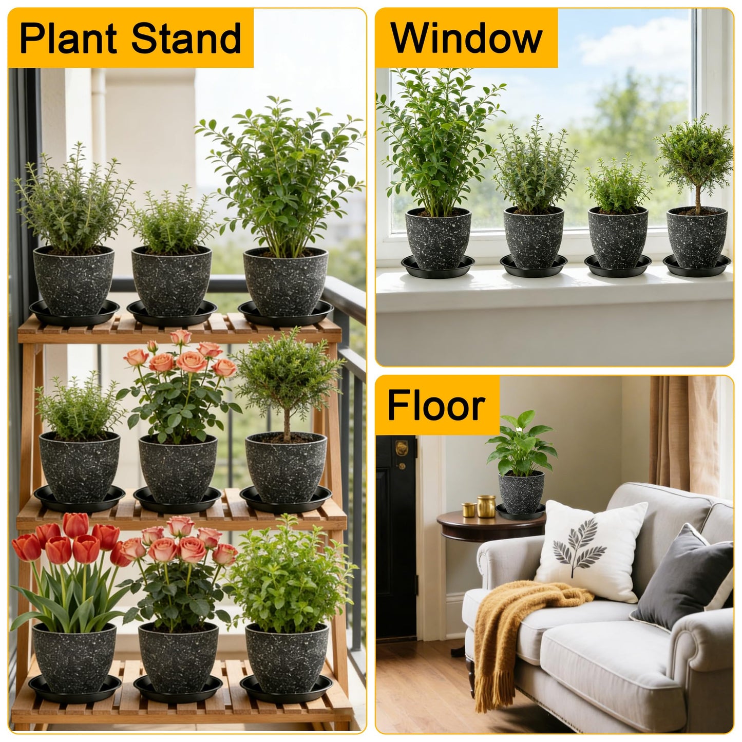 WYIPOLZI 6 Pack 12 Inch Plant Saucers Tray, Heavy Duty Plastic Plant Trays Drip Plates for Home & Garden Potted Plants, Water Trays Saucers for Pots Planter, Indoor Outdoor Use,Black