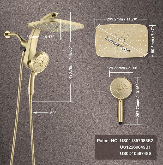 BOZYBO Rain Shower Head with Handheld: High Pressure Shower Heads with Handheld Spray Combo, 12" Rainfall Shower Head and 9 Sprays Hand Showerheads with Magnetic Docking and Power Jets, Gold 1.75GPM