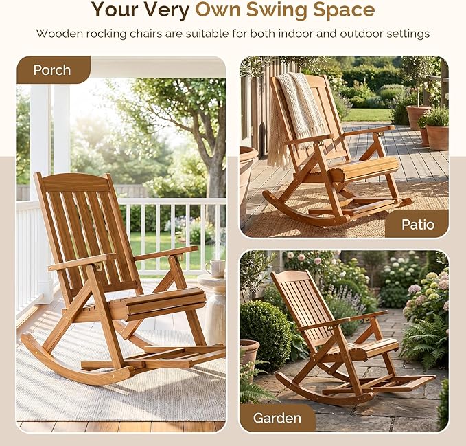 VINGLI Wooden Porch Rocking Chair, Heavy Duty Outdoor Rocking Chair