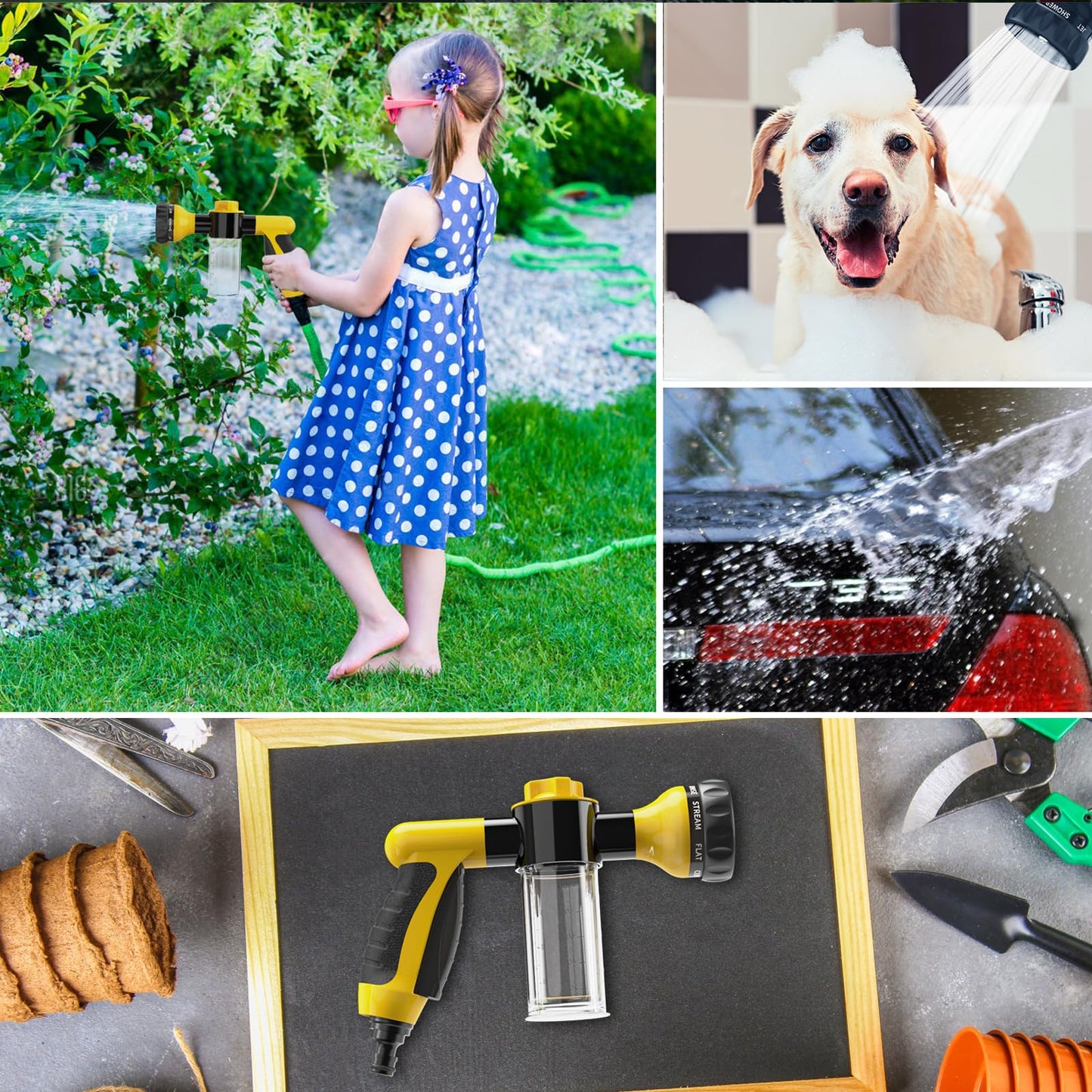 Garden Hose Nozzle, High Pressure Spray Gun Nozzle, 8 Spray Patterns for Watering Plants, Lawn, Patio, Cleaning, Showering Pet with 3.5oz/100cc Soap Dispenser Bottle (Orange)