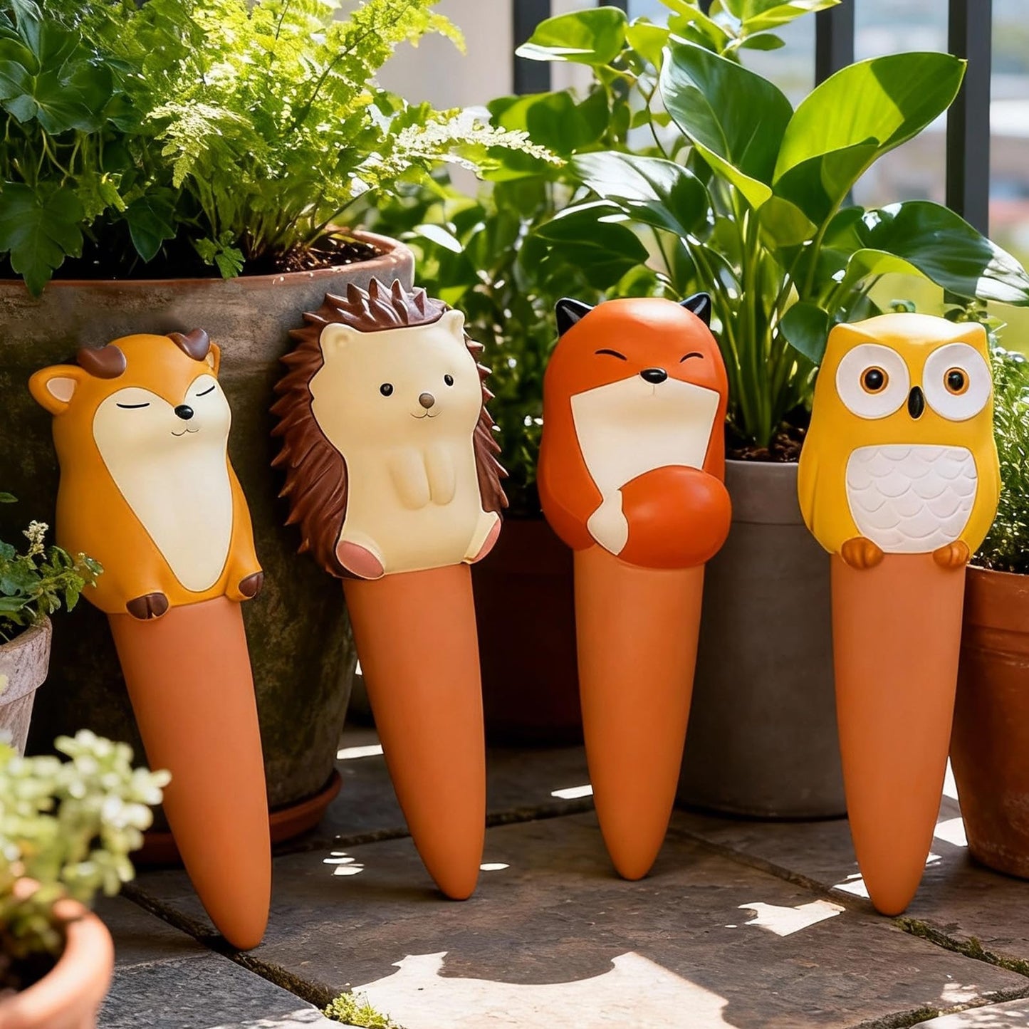 MCleanPin 4 Pack Plant Watering Spikes and Globes Handmade Terracotta Self-Watering Planter Insert Automatic Plant Waterer Devices for Indoor Outdoor Plants (Forest Animals)