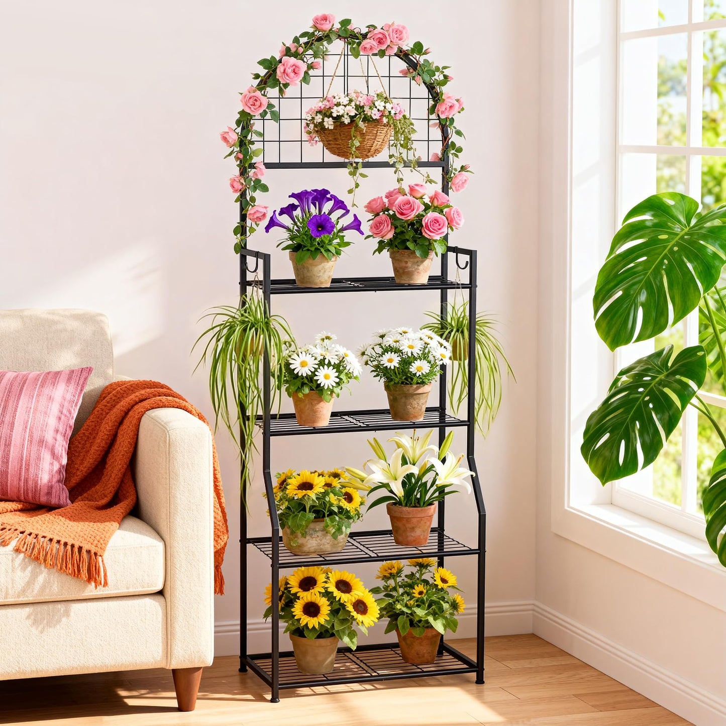 VGMiu 4 Tier Plant Stand Indoor Outdoor, Metal Plant Display Stand Plants Shelf Rack for Multiple Plants, Black Flower Plante Pots Holder for Patio Garden Balcony Living Room