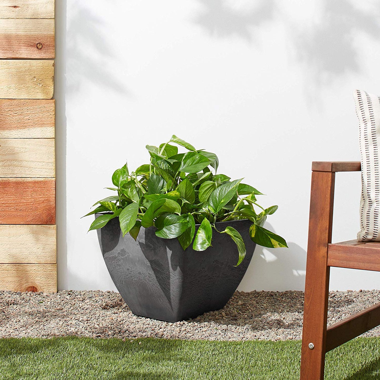 PSW Pot Collection 16x13 inch Plastic/Stone/Wood Composite Square Planter – No Drainage Hole (Drillable), Modern Indoor/Outer Pot for Flowers, Foliage, Succulents, Fairy Gardens, Dark Charcoal