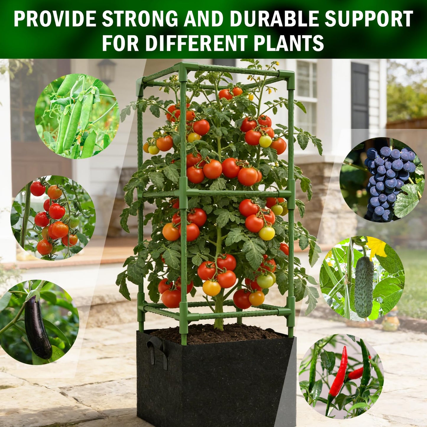 Uyittour 3 Pack Square Tomato Cages with Grow Bags, 45" Heavy Duty Square Tomato Trellis Plant Support for Raised Garden Bed Climbing Vegetables, Set with Garden Gloves, 20 Clips & 65FT Tie Wire