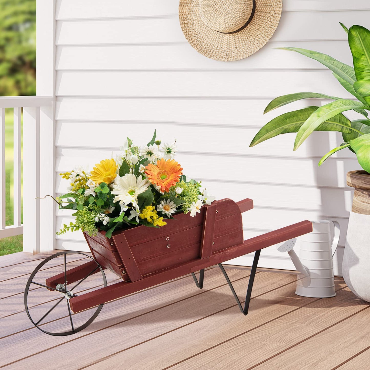 TANGZON Wheelbarrow Planter, Wooden Garden Wagon Planter Cart with 9 Magnetic Accessories, Wheel, 2 Handle, Outdoor Rustic Pine Wood Decorative Raised Plant Pot Stand for Patio Balcony (Reddish Brown)