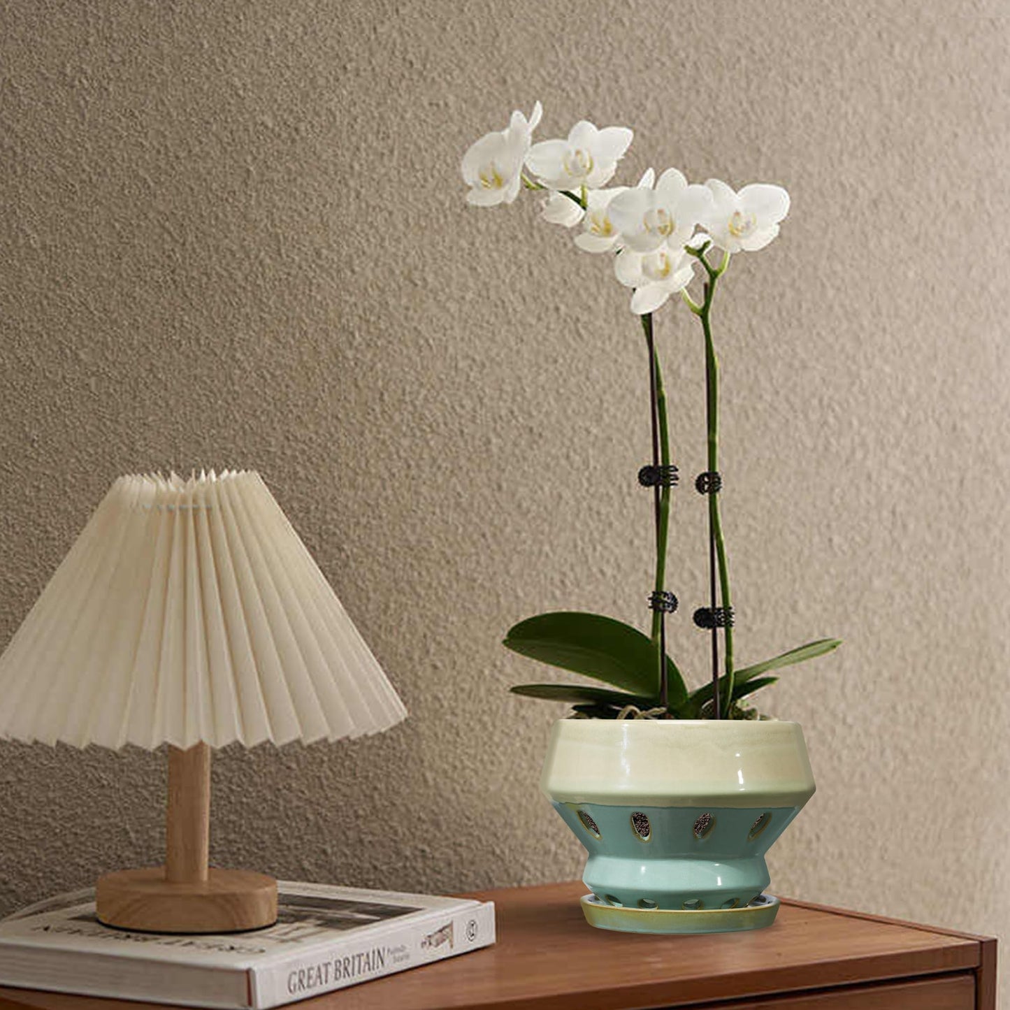 Gepege 6.5 Inch Orchid Pots with Holes for Indoor Plants, Plant Pots with Drainage Hole, Ceramic Planter with Saucers, Indoors Flower Pots