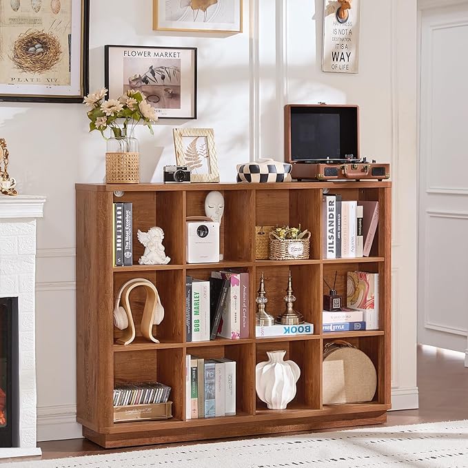 Joaxswe 12 Cube Storage Organizer, Wood Floor Standing 3-Tier Cubby Bookcase