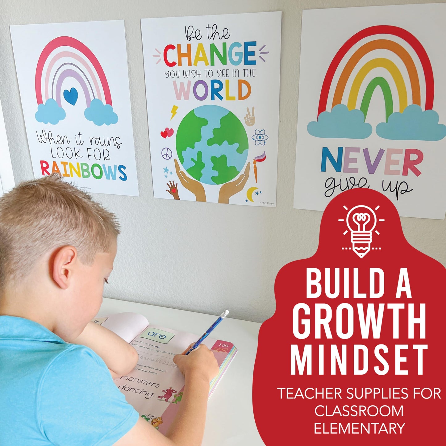 Hadley Designs Motivational Poster for Classroom Decor - 9 Growth Mindset Classroom Posters Elementary, Inspirational Wall Decor Middle School, Teacher Must Haves, Rainbow Bulletin Board Decorations