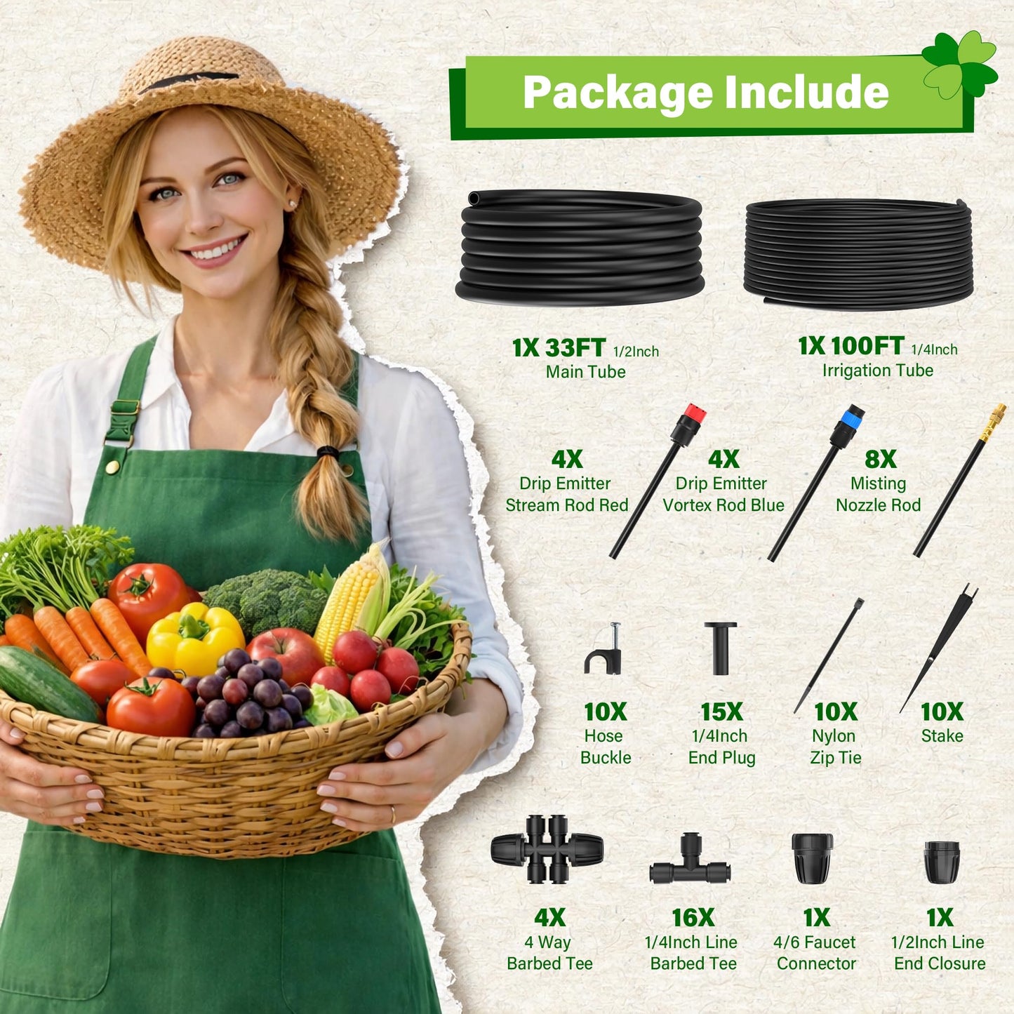 MIXC 2026-Upgrade 360° Adjustable Drip Irrigation System Kit, 133FT Bendable Watering Misting System with 3 Spray Nozzle Types, 1/2" (33FT) & 1/4" (100FT) Tubing for Garden Raised Bed Lawn Greenhouse