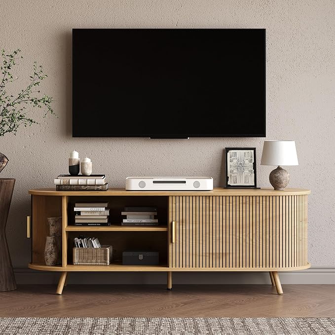 63 inch TV Stand with Power Outlet, Fluted Entertainment Center