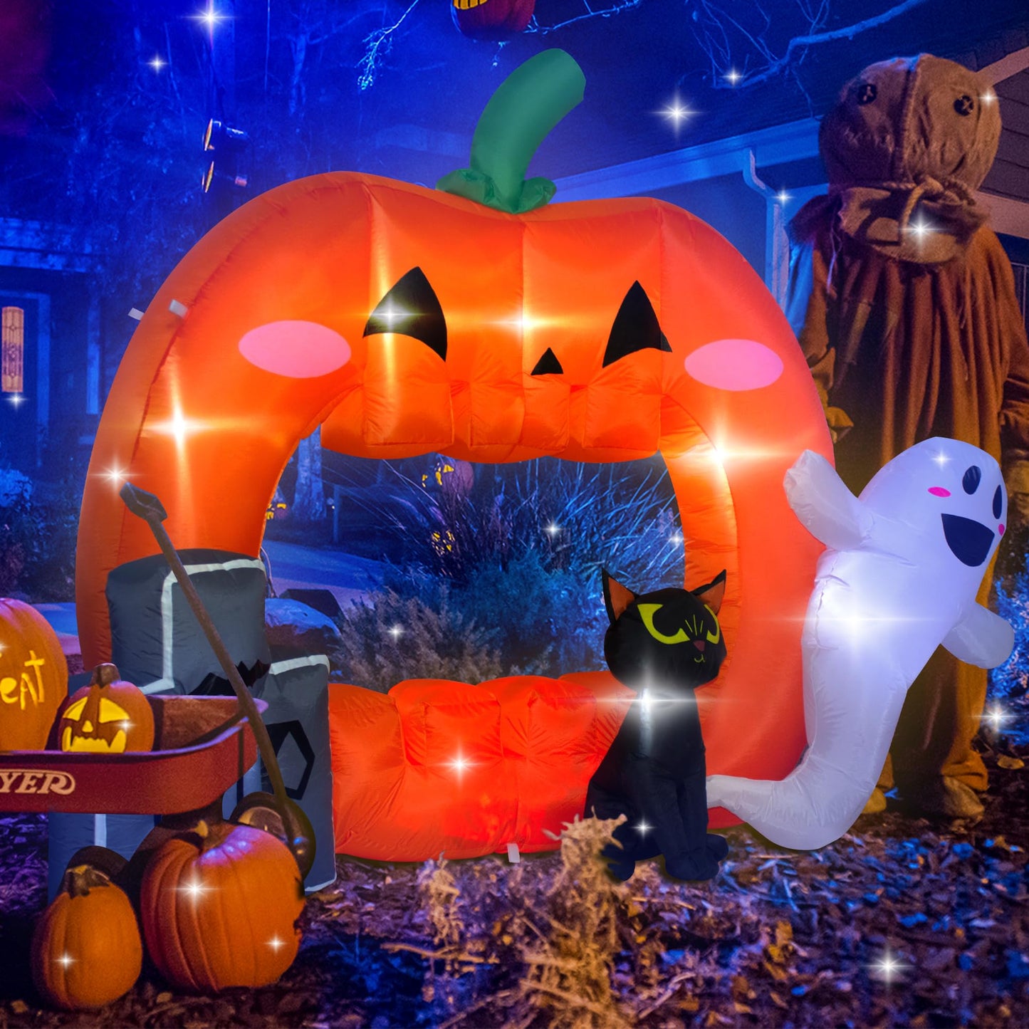 VENLOIS 7FT Halloween Inflatable Pumpkin Photo Frame with Tombstone Black Cat White Ghost,Built-in LEDs for Halloween Blow Up Indoor Decor, Cute Fun Holiday/Party/Yard/Garden Fantasy Party Display