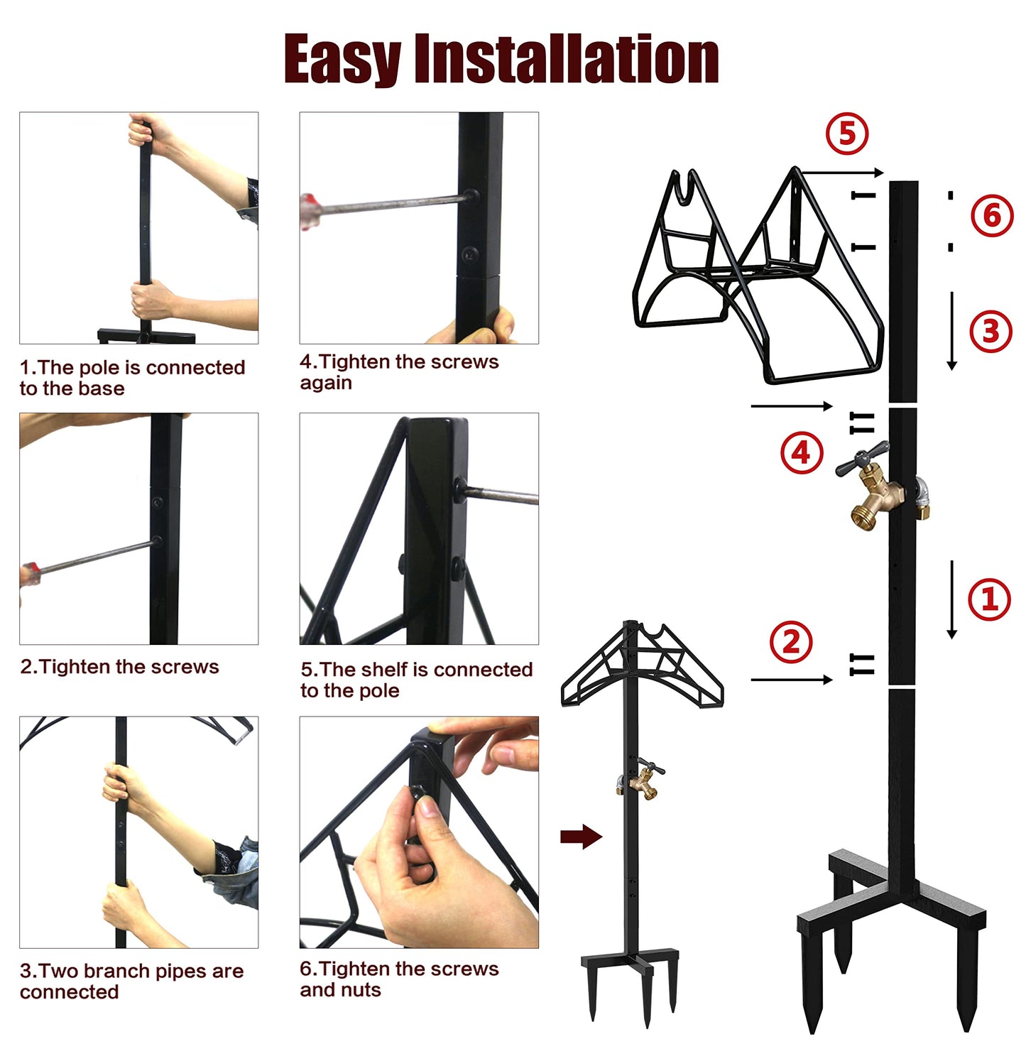 Artigarden Freestanding Outdoor Garden Hose Holder Stand with Brass Faucet, Heavy Duty Metal Water Hose Reel Storage Stake Rack for Backyard, Black (Hose not Included)