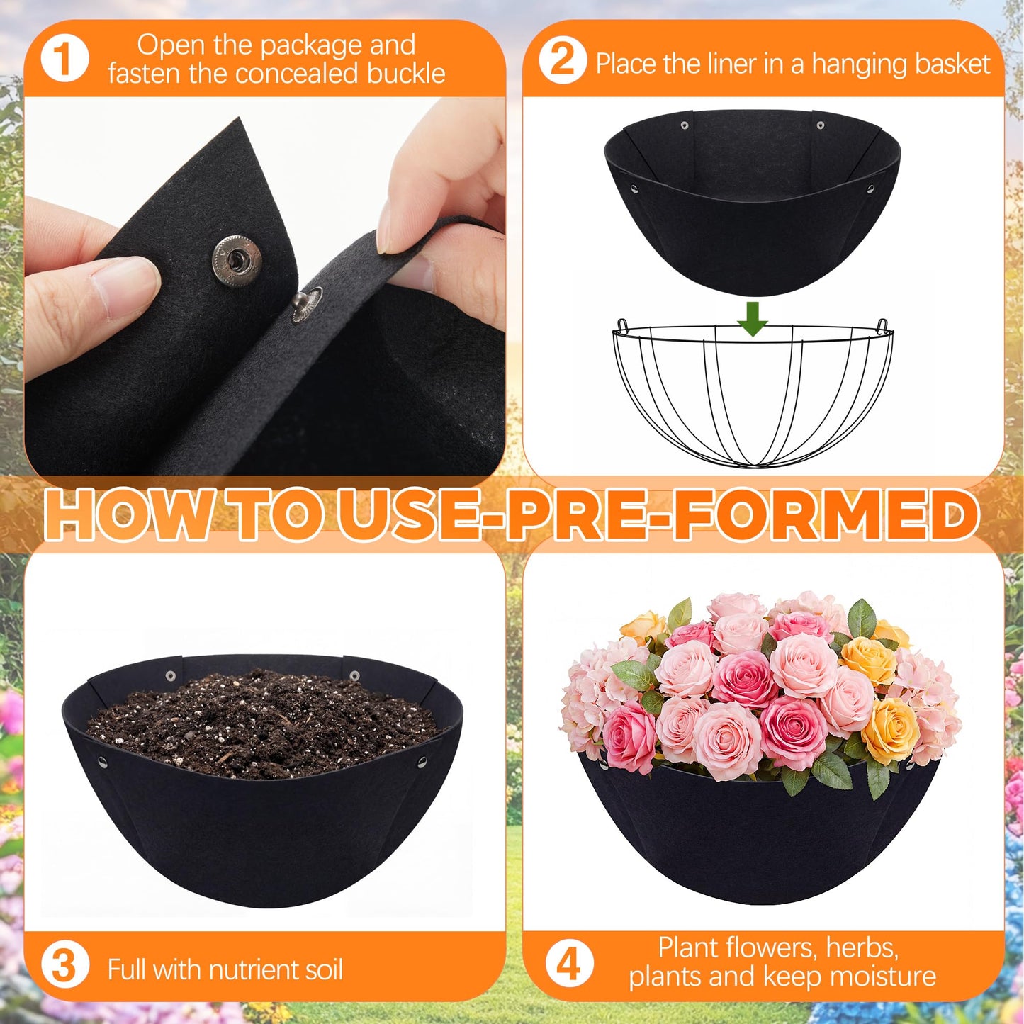BreezeHug 6 Pack 14 Inch Hanging Basket Liners, Black Non Woven Planter Liners Replacement for Coconut Coir, Breathable Felt Round Pot Inserts with Snap Buttons Bird-Proof for Outdoor Garden
