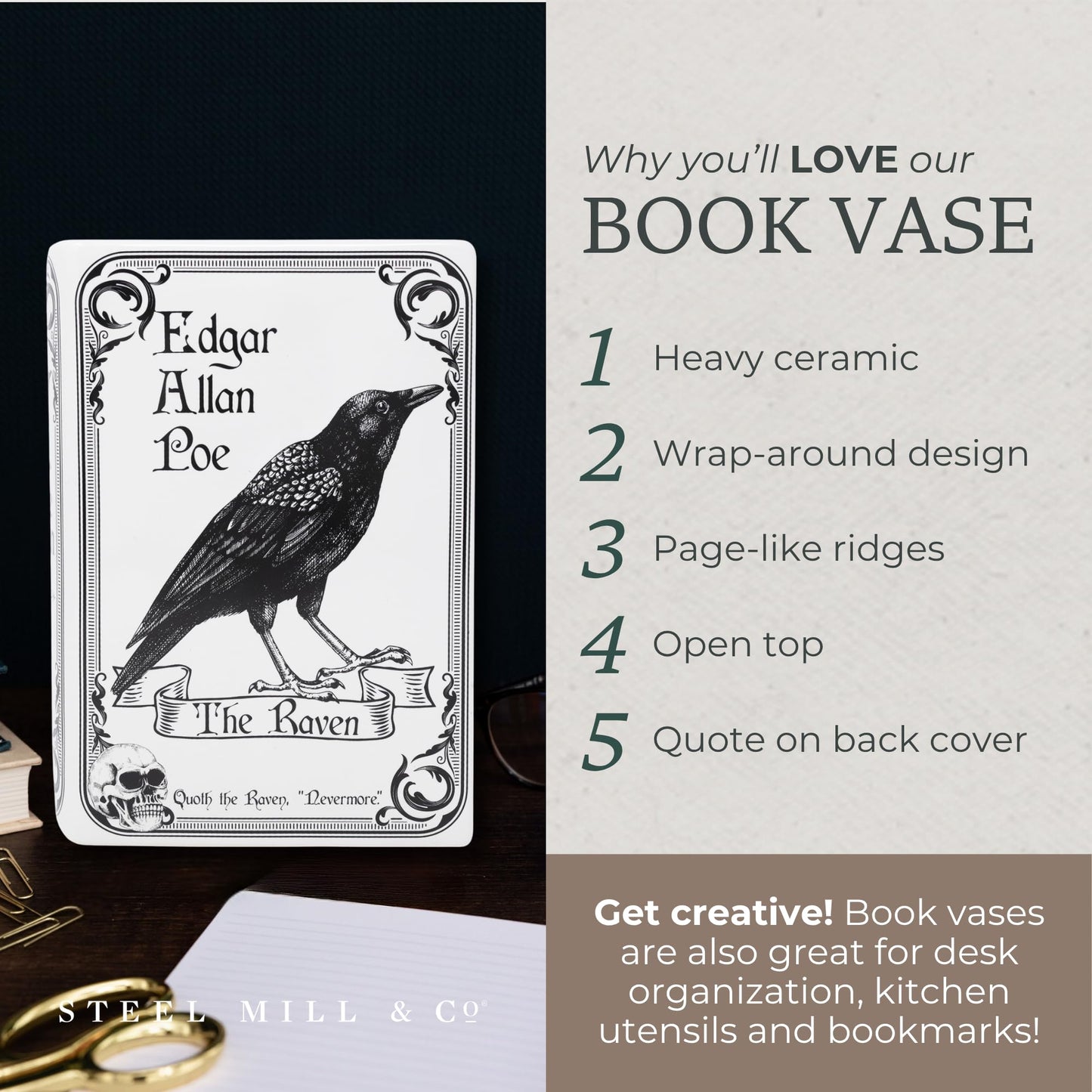 Steel Mill & Co Original Large Book-Shaped Decorative Vase, Ceramic Vases for Home Decor, Gothic Bookshelf Decor, Unique Vase for Book Lovers (The Raven - White)