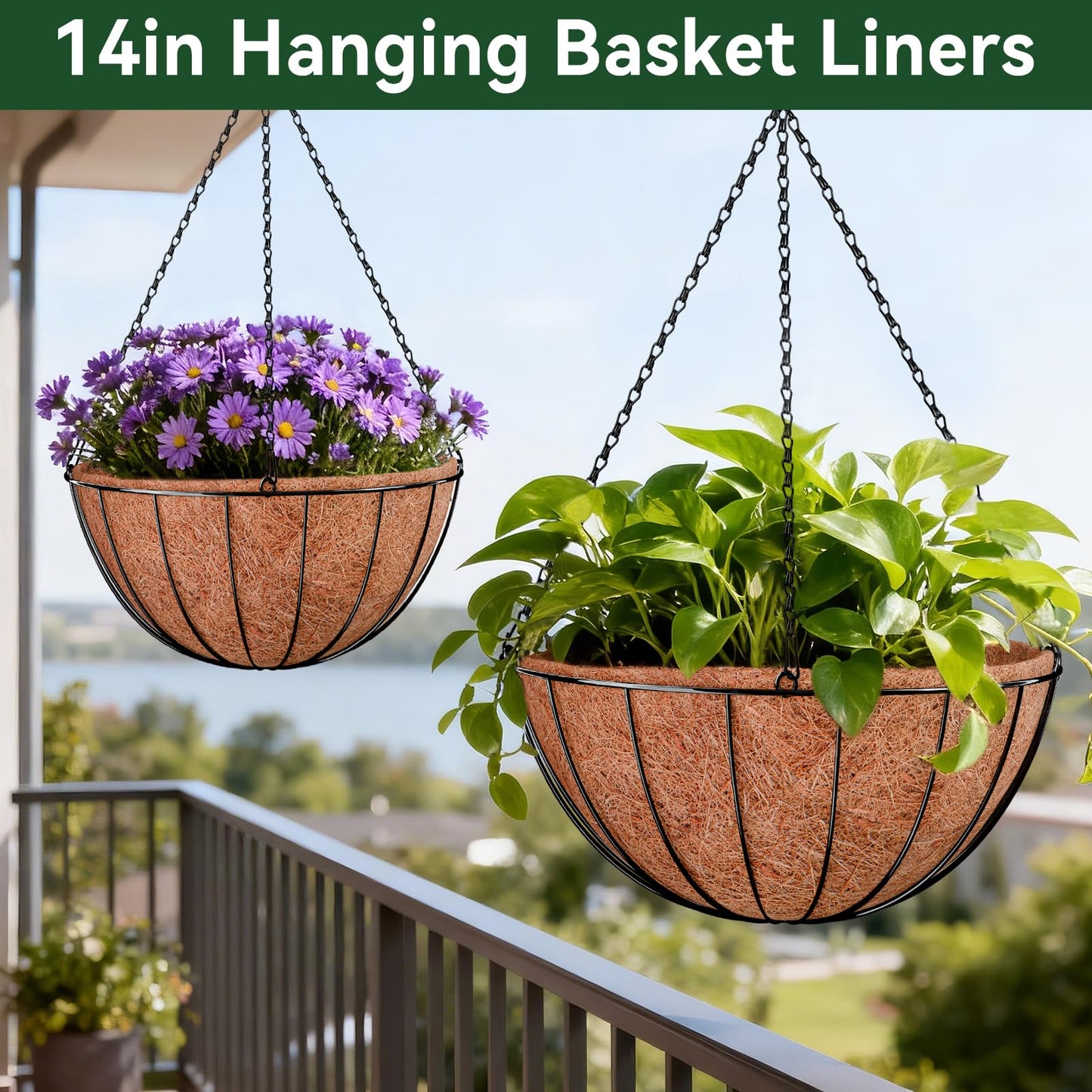 ZeeDix 4 Pack 14 Inch Coconut Liners for Planters, Round Hanging Basket Liners Natural Coco Coir Replacement Liner for Flowers Vegetables Patio Porch Garden Decor