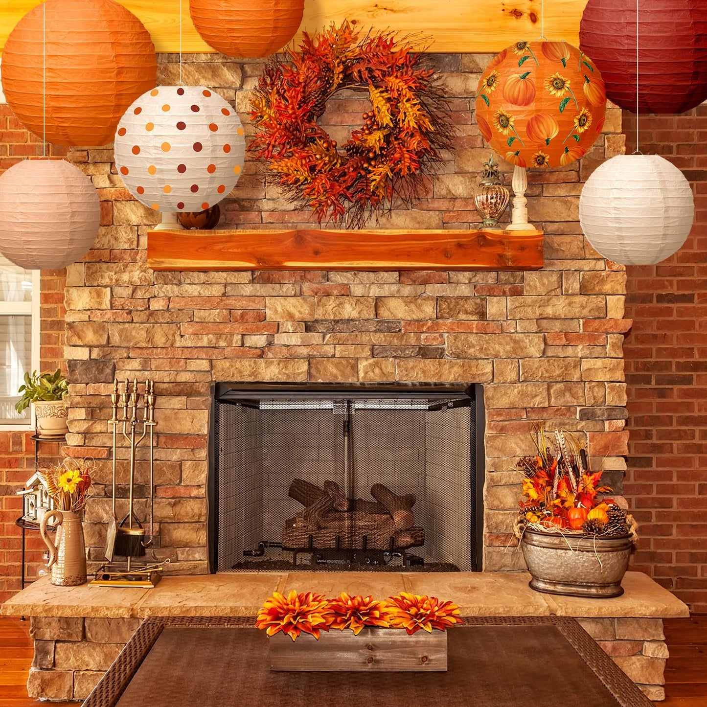 Bencailor 12 Pcs Thanksgiving Paper Lanterns Fall Paper Lanterns Hanging Decorative Round Autumn Decor for Harvest Theme Party Decorations, 8/10/12 Inches (Red,Orange)
