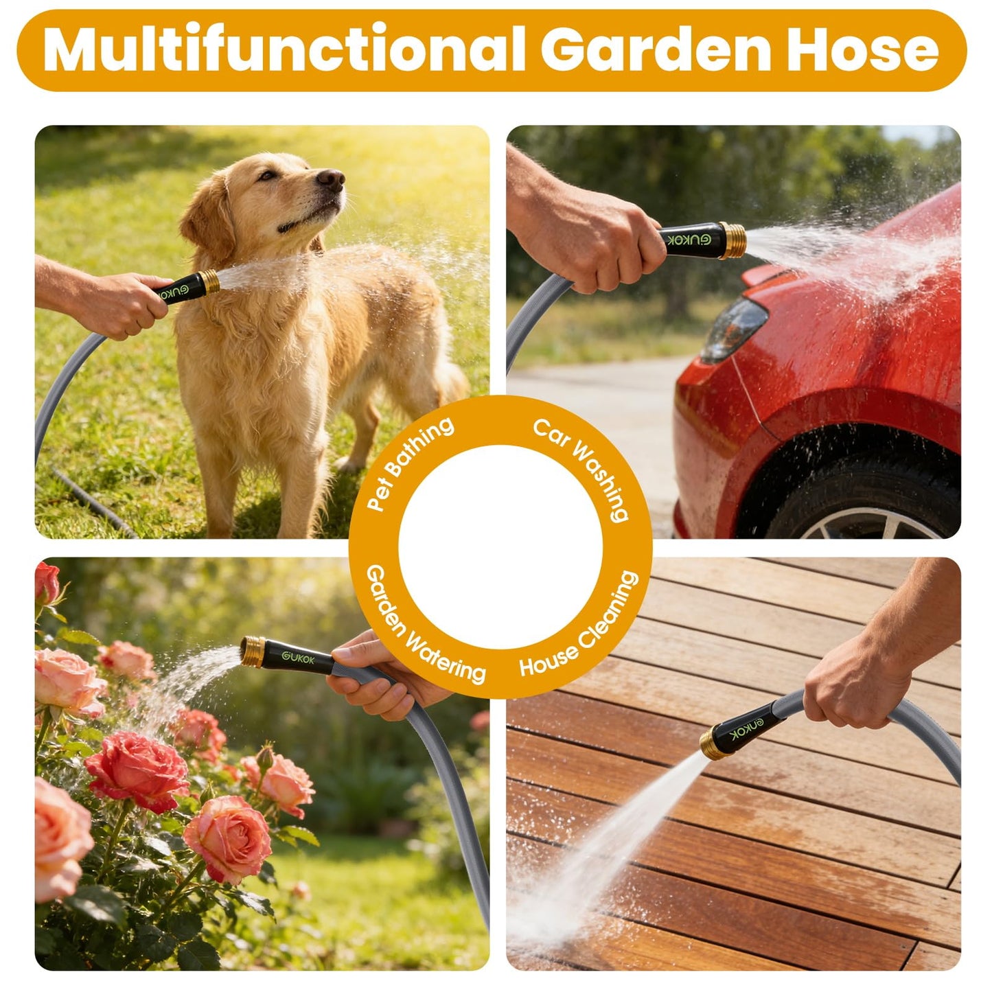 GUKOK Garden Hose 100 FT, Non-Expanding Water Hose, Ultra-Light & Flexible, Burst-Resistant, Kink-Free, High-Pressure Garden Hose All-Weather Use for Lawns, Gardens, and Outdoor Cleaning