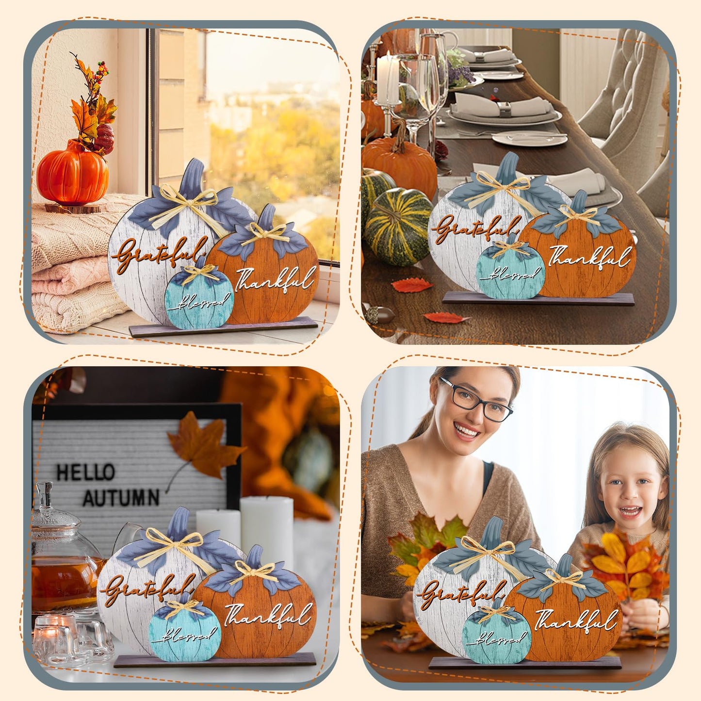 Soaoo Fall Pumpkin Table Decorations Fall Wooden Thankful Blessed Centerpiece Autumn Grateful Tabletop Decor Farmhouse Thanksgiving Harvest Pumpkin Block Signs for Party Rustic Table Shelf Decor Home
