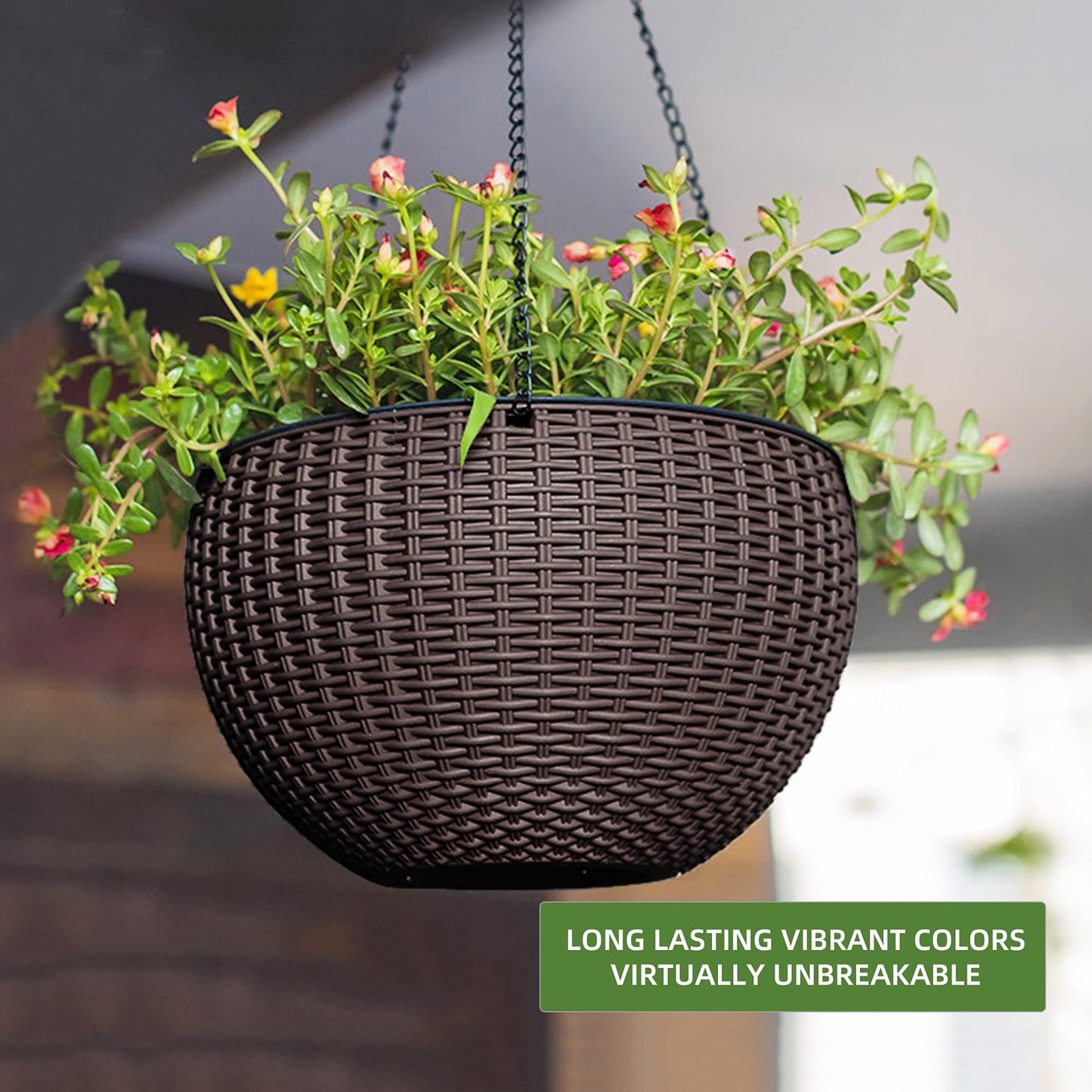 Dexceder 9 Inch Self Watering Hanging Planters Indoor Outdoor, Thickened Hanging Basket Flower Plant Pot with Water Level Indicator (Brown)