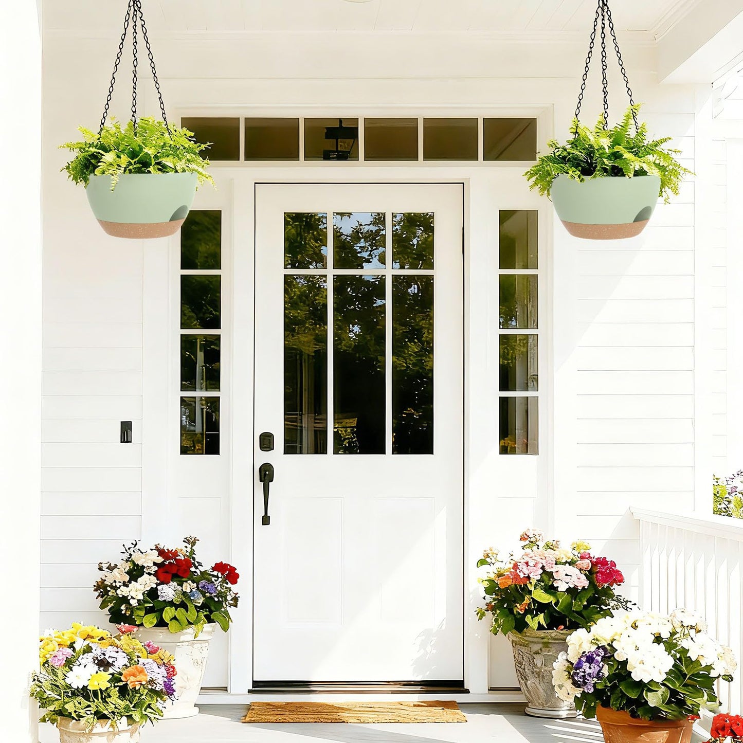 SQKH 8 Inch Hanging Planters for Indoor Outdoor Plants, 4 Pack Green Brown Plastic Self Watering Hanging Baskets with Drainage Holes and Chain for Garden Porch