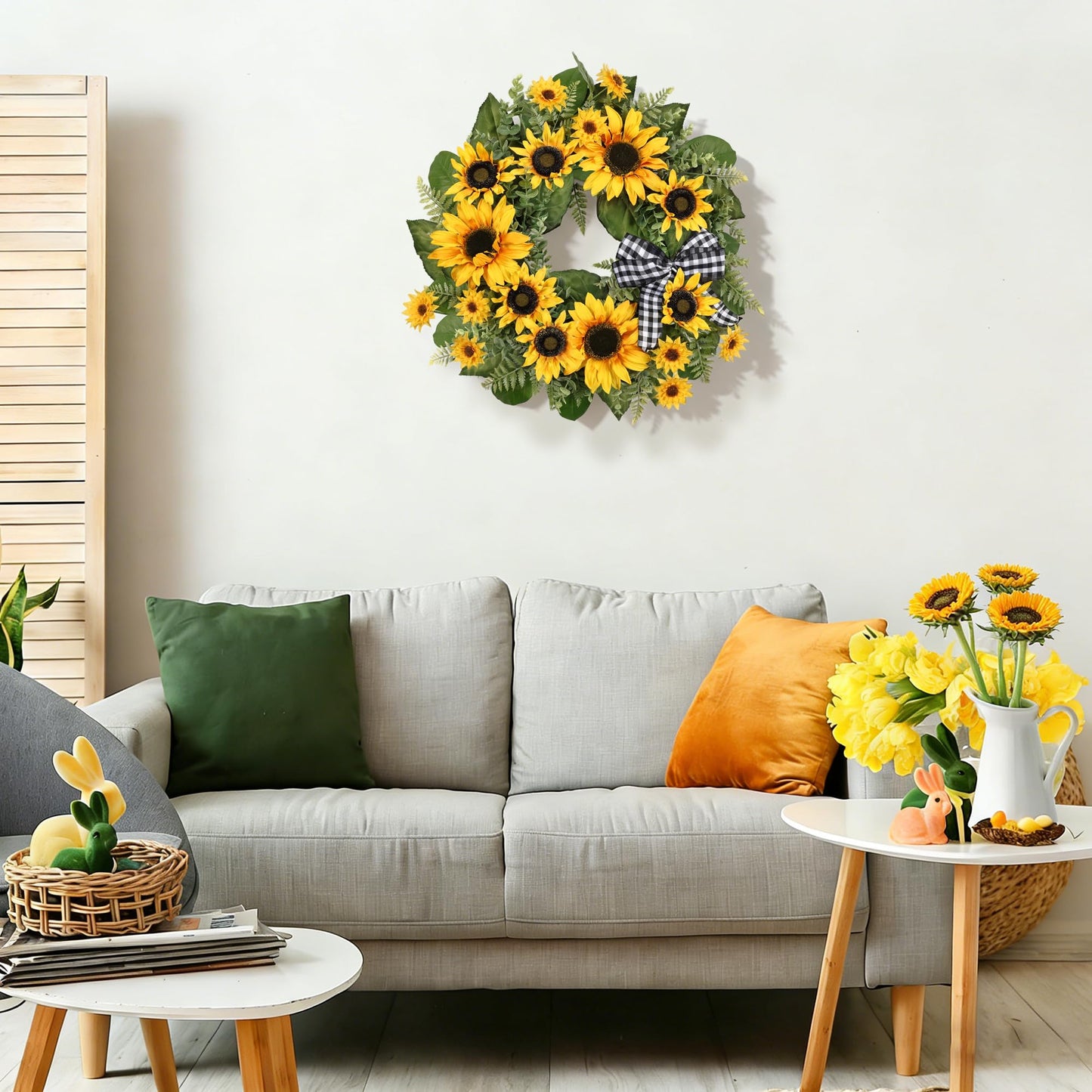 24 Inch Large Sunflower Spring Summer Wreath for Front Door, All Season Wreath with Bow Wreaths for Unique Housewarming Gift, Porch Wall Farmhouse Home Wedding Holiday Decor
