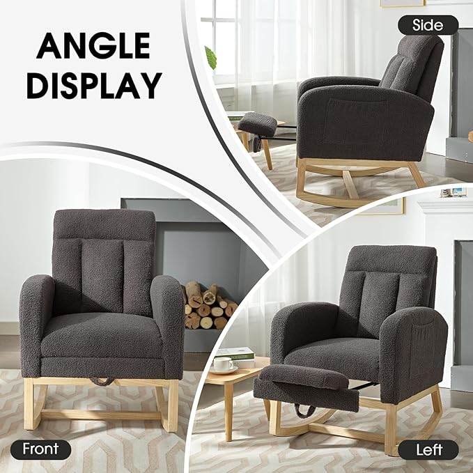 NIOIIKIT Modern Nursery Rocking Chair, Teddy Upholstered Rocking Chair