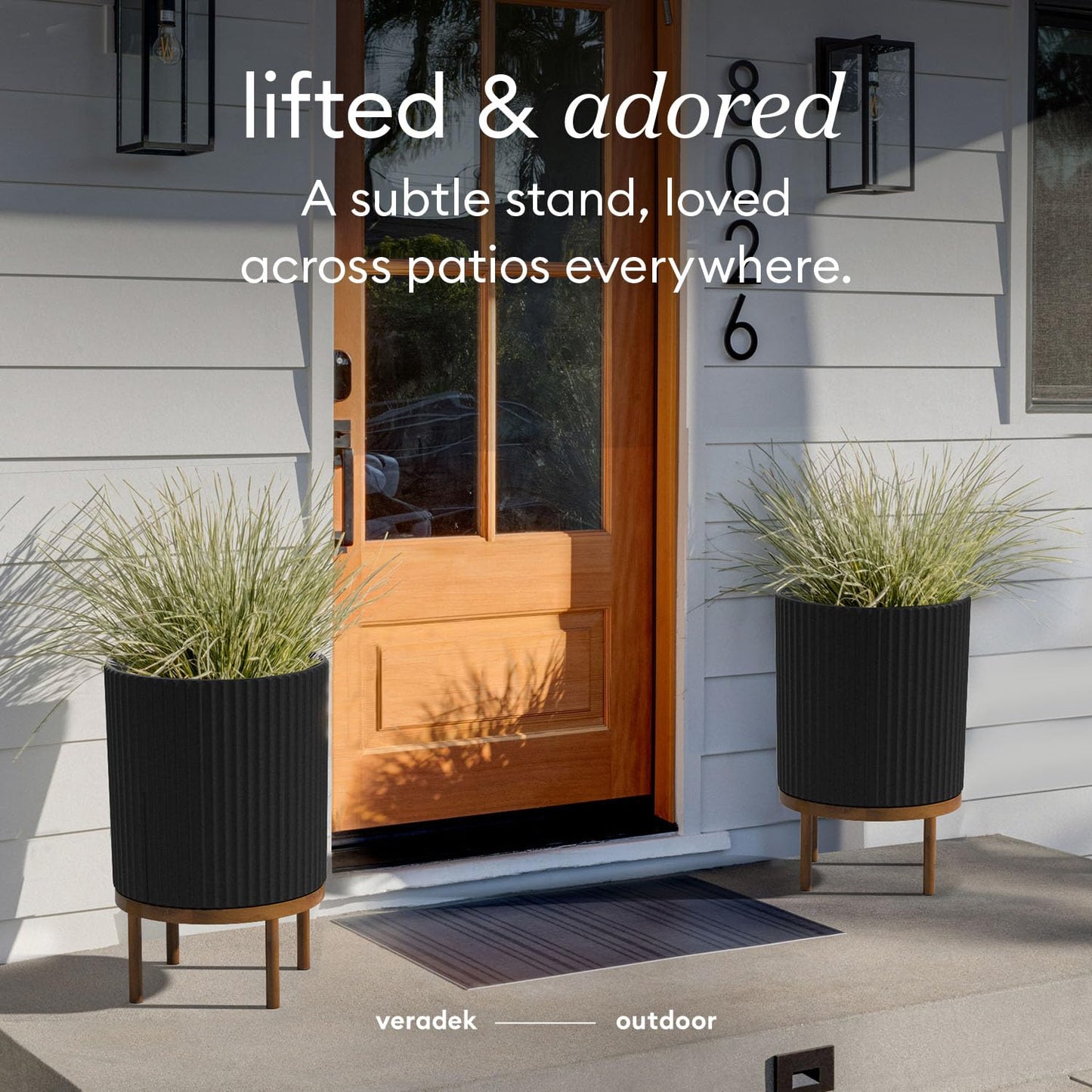 Veradek Demi Series Round Planter w/Stand for Porch/Patio | Durable Plastic-Stone Composite & Wooden Stand | Modern Décor for Tall Plants, Flowers