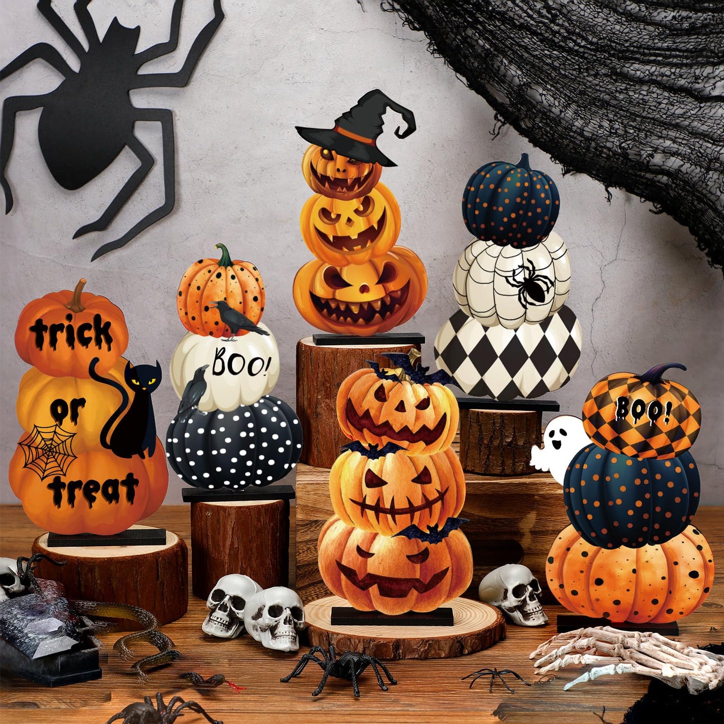 Soaoo 6 Pcs Halloween Table Decoration Pumpkin Table Centerpiece Home Ornament Indoor Wooden Sign for Halloween Party Dinner Kitchen Decor