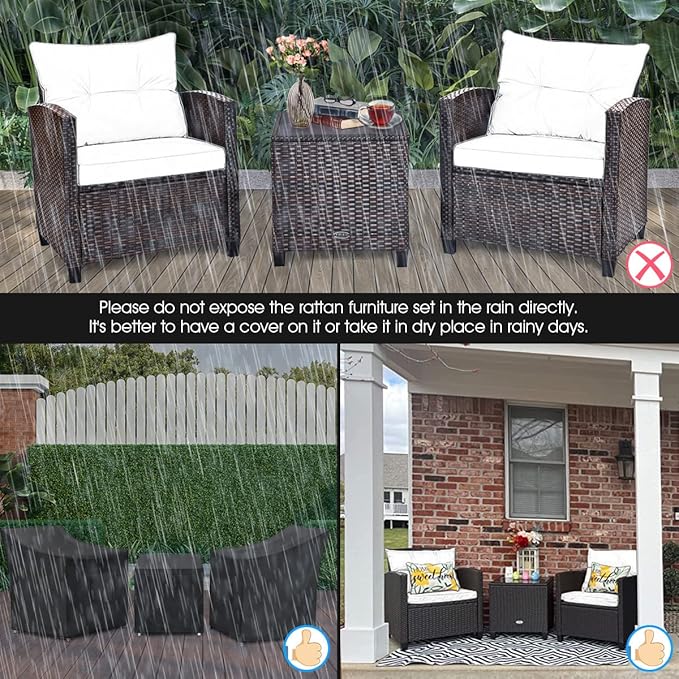 COSTWAY 3PCS Patio Furniture Set, PE Rattan Wicker Sofa w/Washable Cushion and