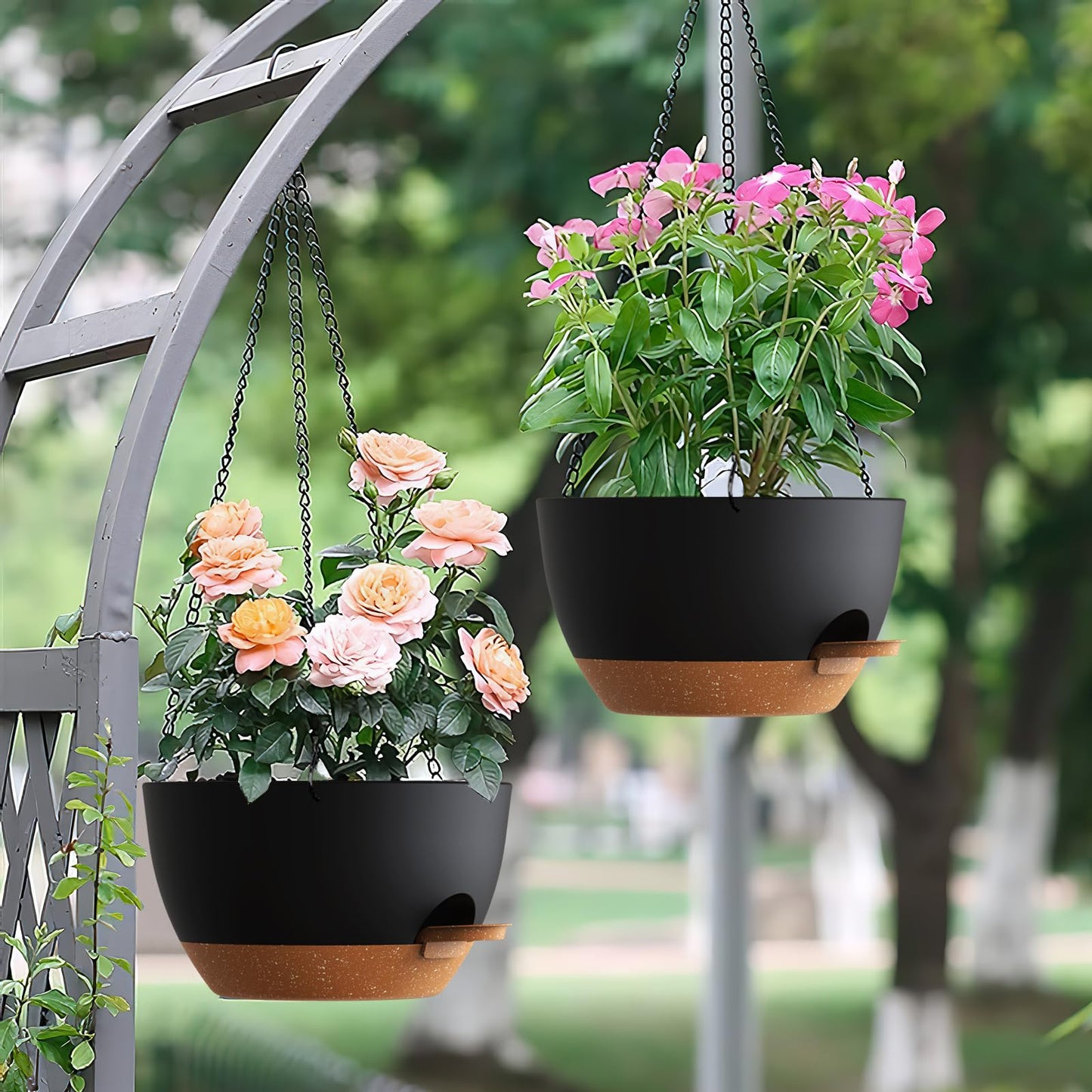 UOUZ Set of 3-10 Inch Self Watering Hanging Planters for Indoor Outdoor,Hanging Plant Pots with Drainage & Removable Tray, Hanging Pots Holder for Ivy, Pothos, Ferns, Balcony & Patio, Black with Brown