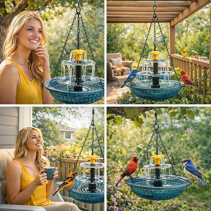 Solar Powered Hanging Bird Bath, Vibrant Blue Multi-Tier Waterfall Fountain for Outside, Easy to Hang Bird Oasis for Garden Decoration, Balcony, for Bird Lovers (Purple)