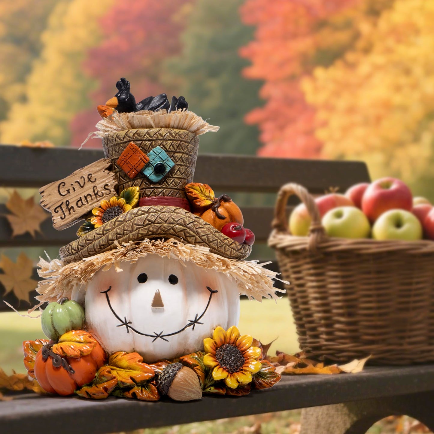 Hodao Thanksgiving Pumpkin Decorations, Resin Fall Autumn Figurine with Straw Hat, Birds, Acorns & Sunflowers, Give Thanks Sign, Festive Gift for Home Tabletop Mantel Thanksgiving Decorations (White)