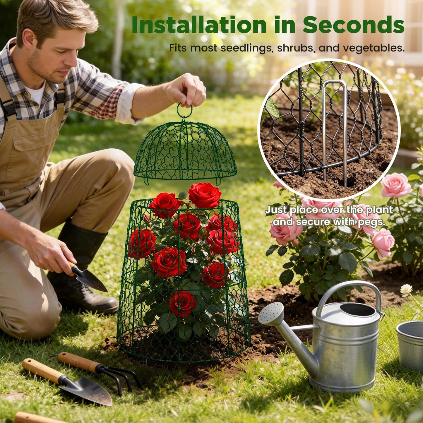 12 Pack XL Metal Garden Cloches for Plants, 17" Height Rustproof Chicken Wire Cloches for Seedlings, Vegetables & Flowers, Plant Protectors from Animals Includes 12 Humidity Domes & 48 Stakes - Green