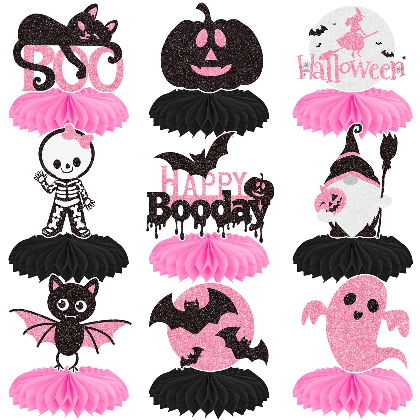 Halloween Happy Boo Day Honeycomb Centerpieces 12PCS Pink Black Little Boo Baby Shower Decorations Halloween Birthday Party Table Centerpieces Ghost Pumpkin Decor for Gender Reveal Suuplies