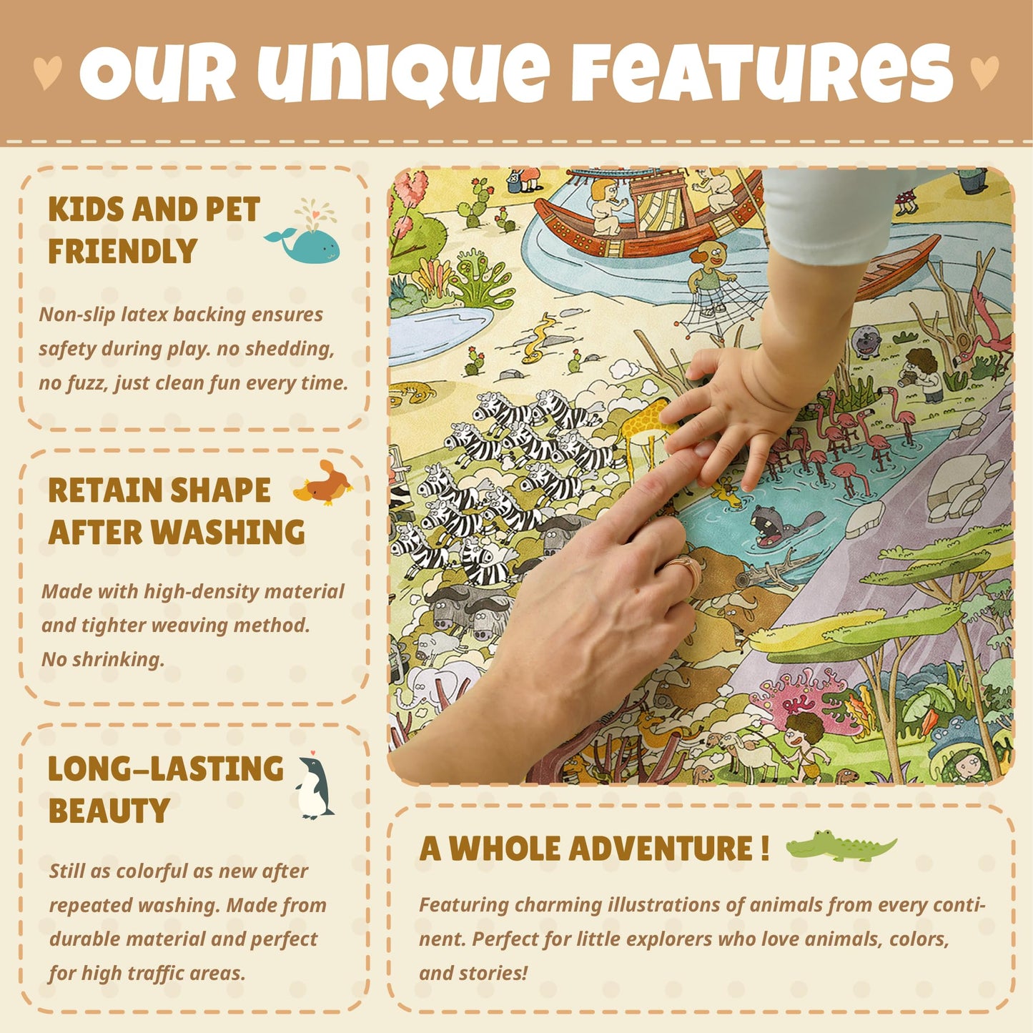 Large Kids Playroom Rug 8x10 – Desert Adventure Safari Animal Map Carpet with Lions, Elephants, Giraffes & Tribes – Educational Play Mat for Boys & Girls Bedroom, Classroom, or Reading Nook