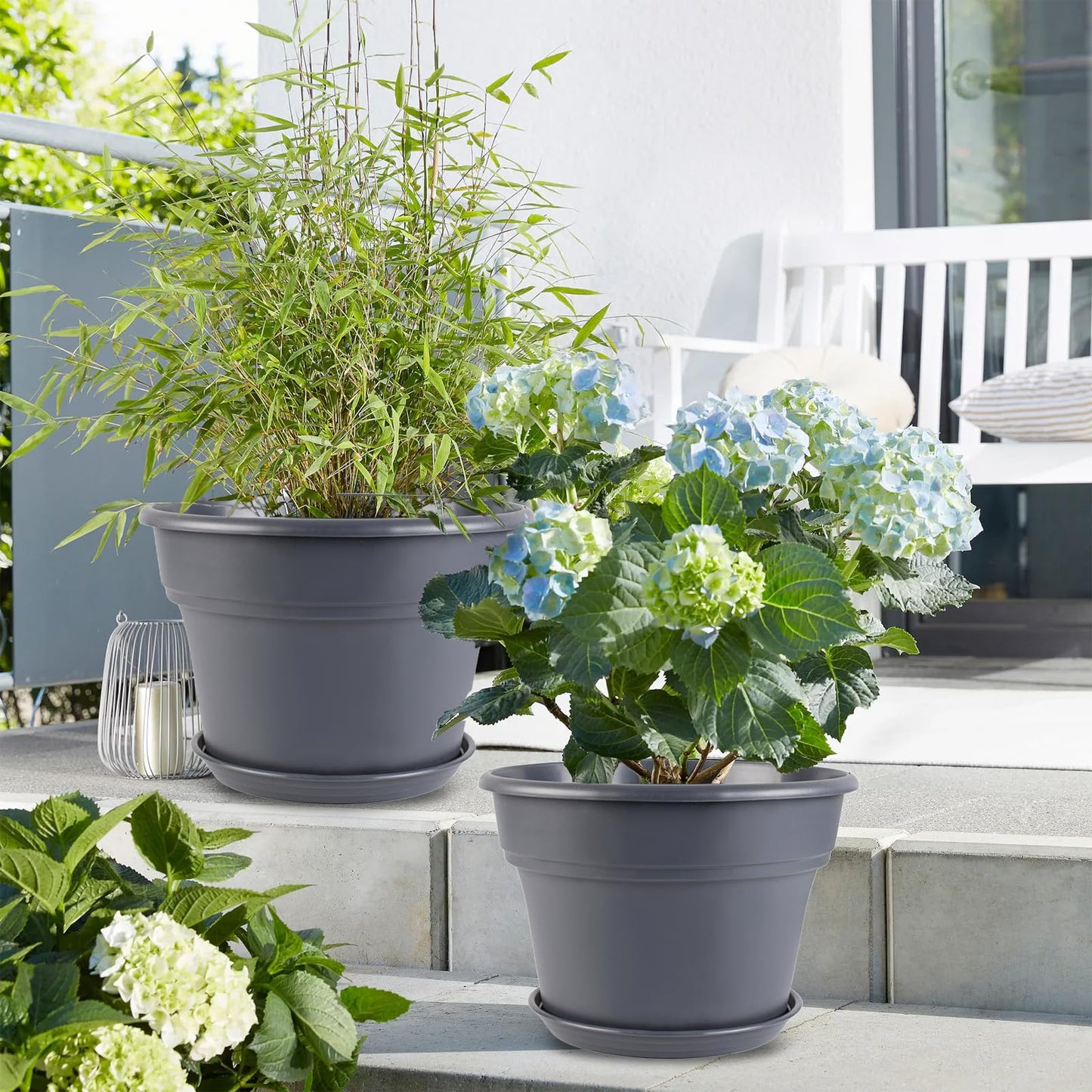 Myfeegoin 10-inch-Plant-Pots-Indoor-Outdoor, 4 Pack Plastic Planters with Drainage Holes & Saucers, Resin Flower Pots with Trays, Classic Garden Pot Container for House