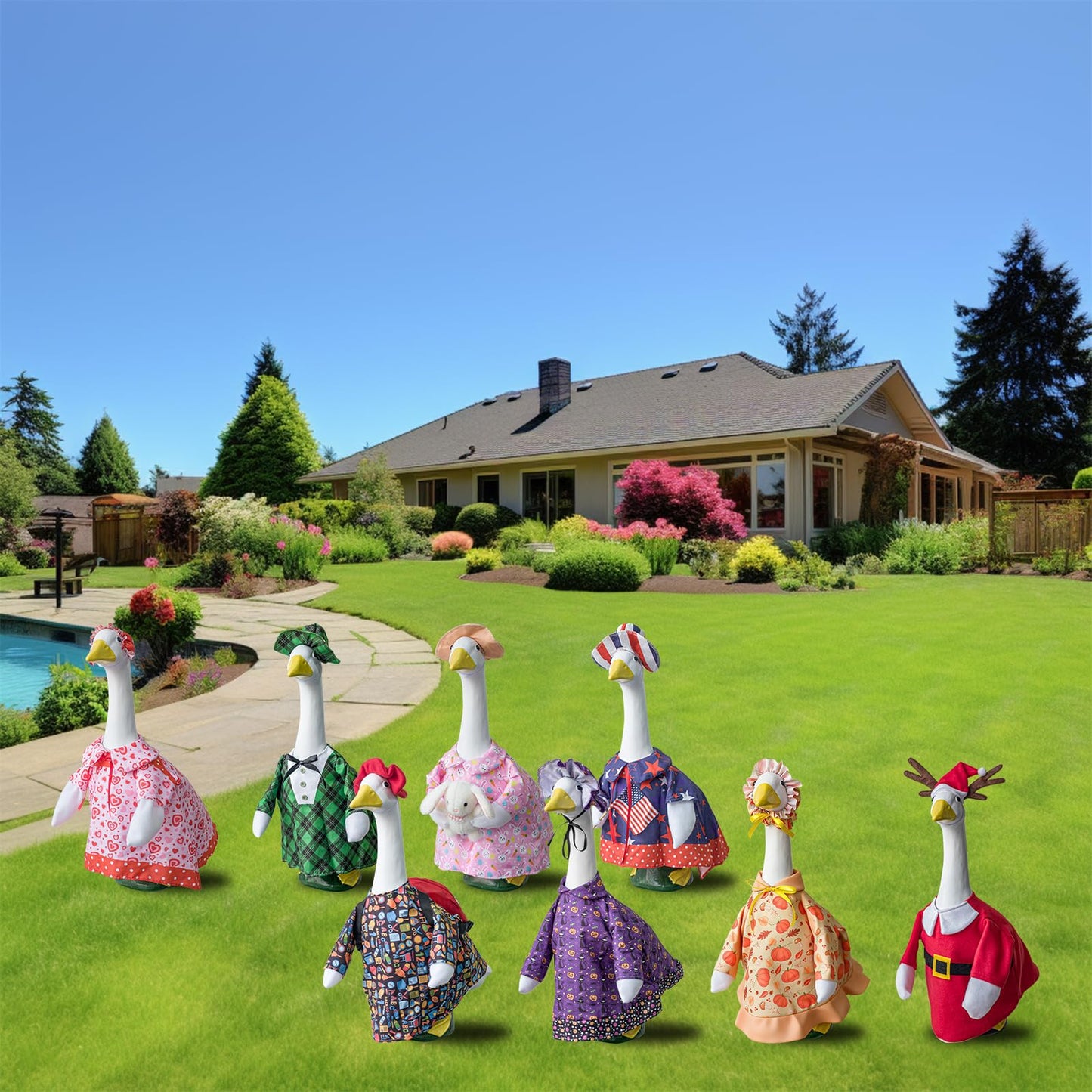 8 Set Porch Goose Outfits All Seasons Holiday Bundle, Valentine's Day, St. Patrick's, Easter, Independence, Back School, Halloween, Thanksgiving, Christmas Clothing for 23" Lawn Goose Patio Yard Deco