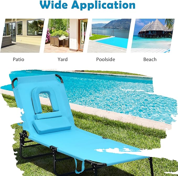 Folding Beach Lounge Chair w/ 5 Adjutable Backrest & Padded Pillow, Sunbathing