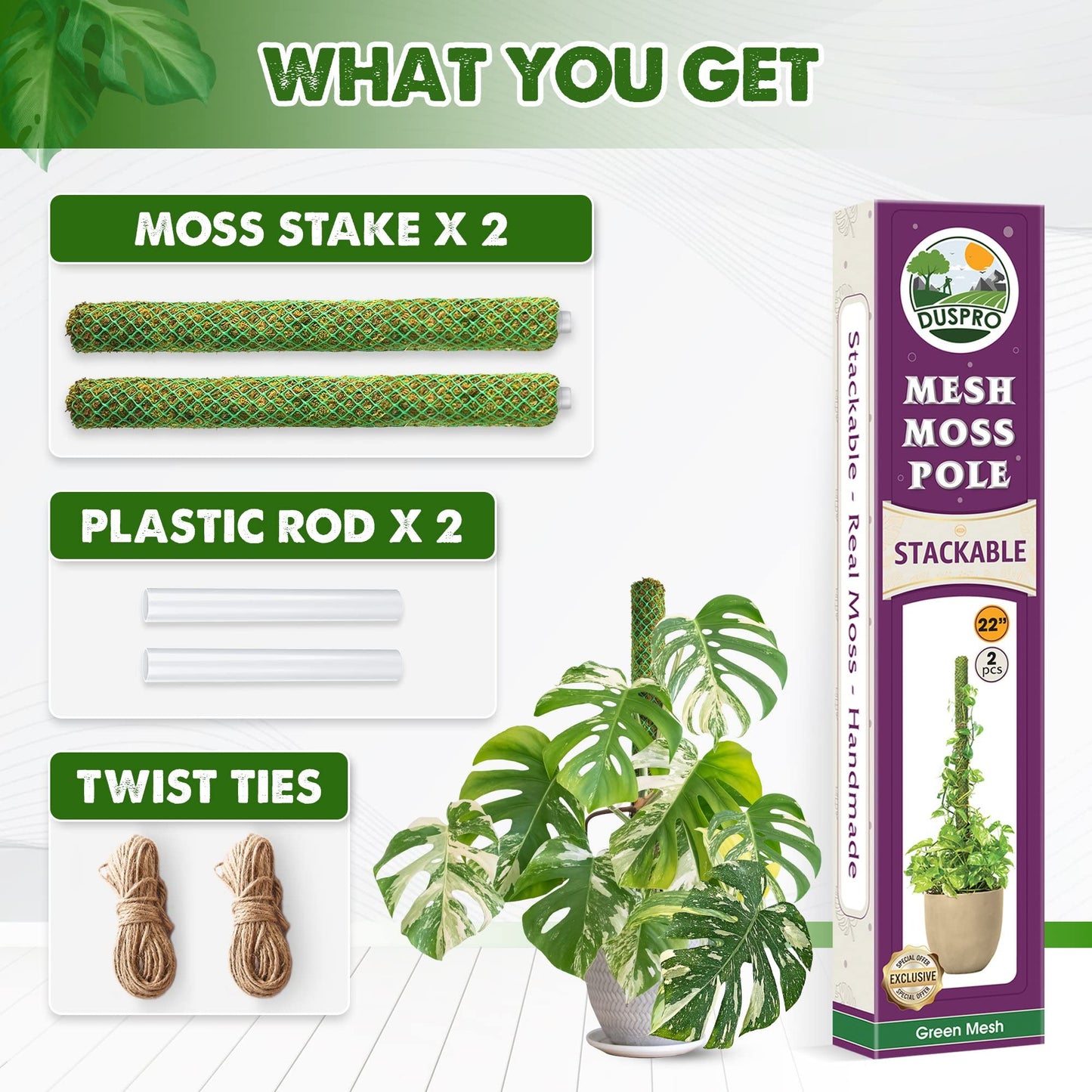 DUSPRO 2 Pack 22" Green Stackable Mesh Moss Pole for Plants β Extendable Up to 39", Natural Forest Moss Pole Monstera Plant Support, Moss Stick for Climbing Plants, Indoor Plant Stakes Accessories