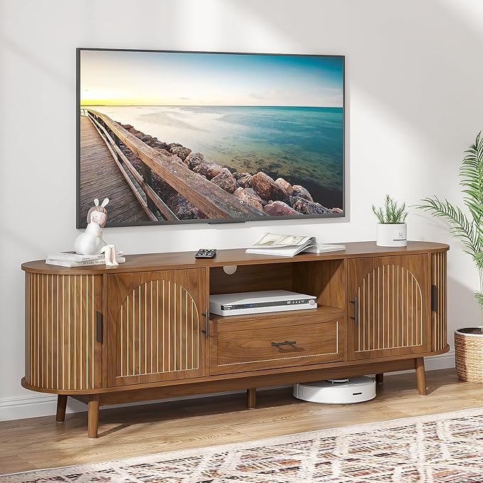 Mxtxmy 70" Fluted TV Stand for Tvs up to 80", Mid-Century Modern Entertainment