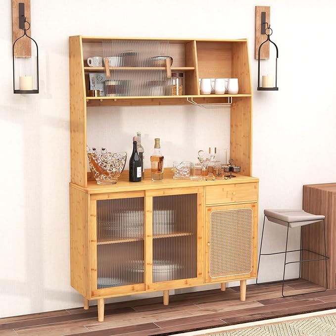 Giantex Pantry Cabinet, Microwave Countertop, Glass Holder, Freestanding Buffet