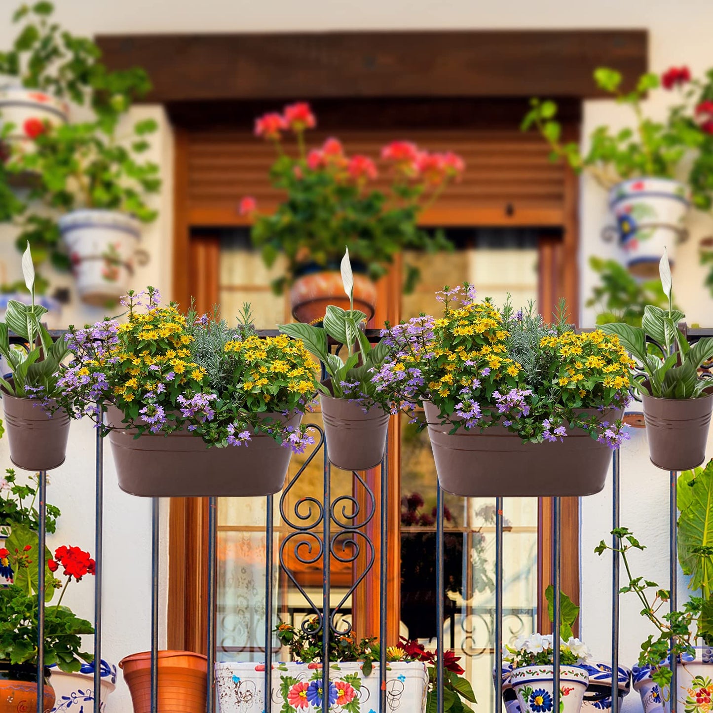HowRU Metal Iron Flower Pots for Railing Fence Hanging Bucket Pots(5 Pcs) and Hanging Flower Pots Metal Iron Bucket Planter(10 Pcs) (Bronze)