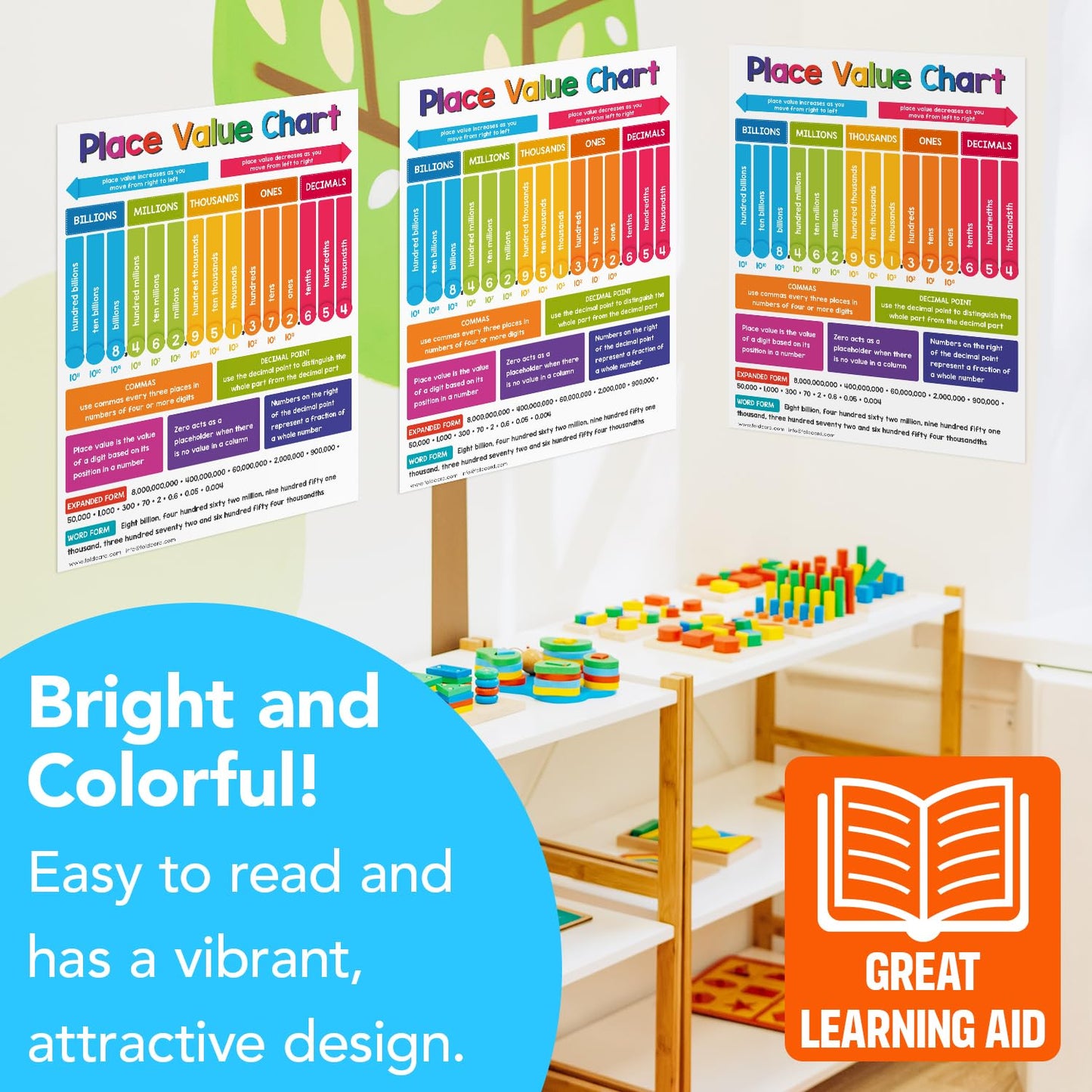 Educational Charts for Preschool to Grade 1 – Bright and Colorful Educational Visual / Learning Aid Poster for Classroom or Home | Glossy Durable Cardstock | 8.5" x 11" | 5 per Pack (Place Value)