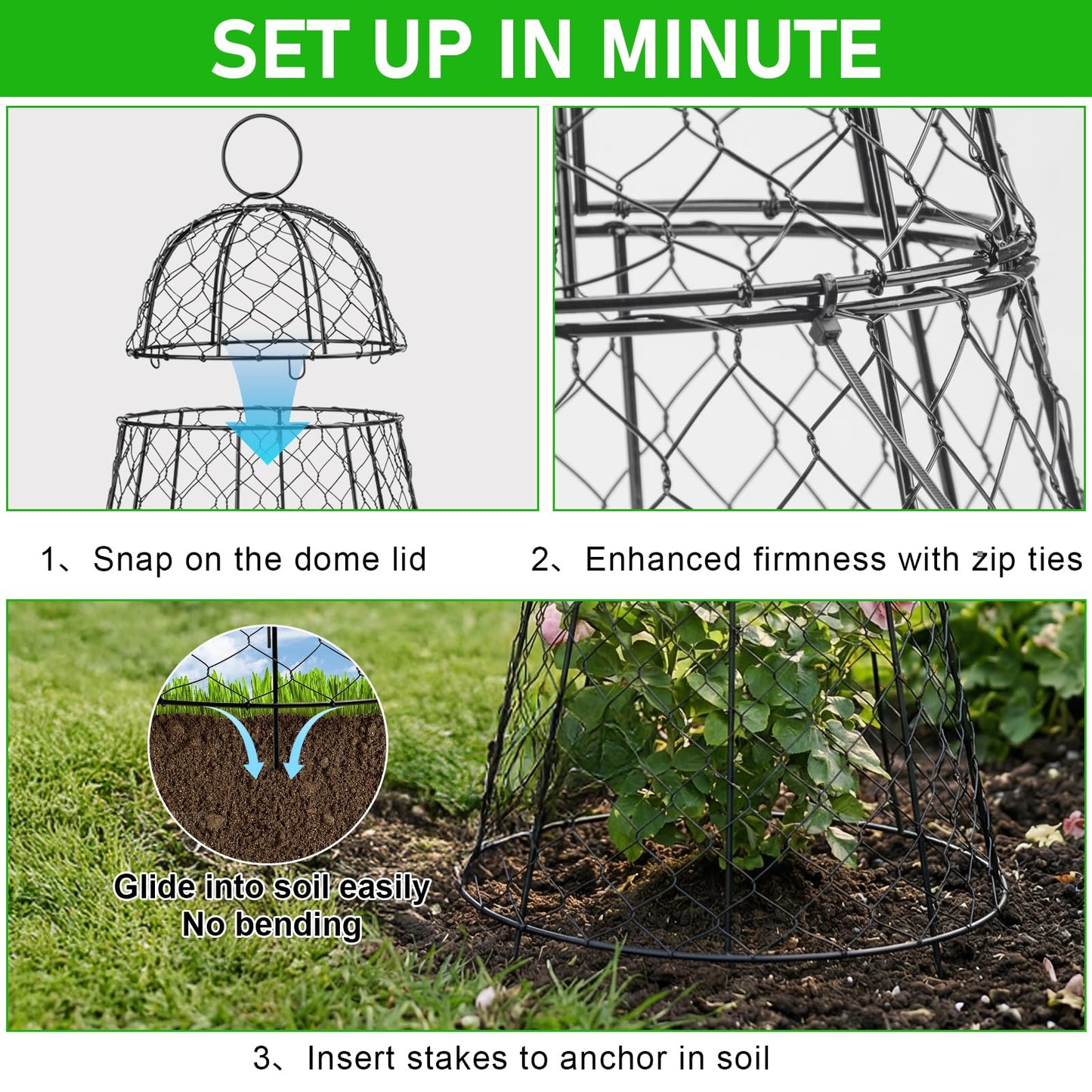 Garden Cloches for Plants 6 Pack - Chicken Wire Outdoor Plant Protectors from Animals - Heavy-Duty Metal Cage with Detachable Lid - Rustproof Covers - 12"D × 17"H - Blocks Rabbits, Squirrels & Birds