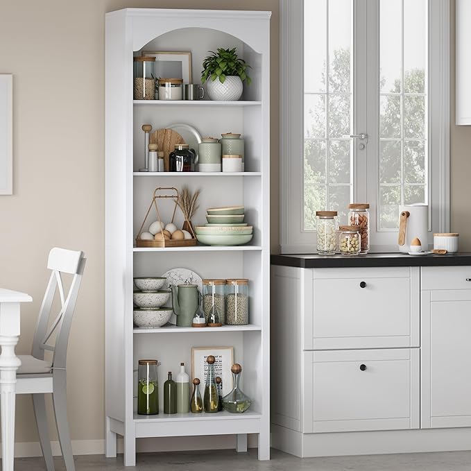 Arched Set of 2 Bookshelf with 5 Tier Open Shelves, Living Room, Modern White